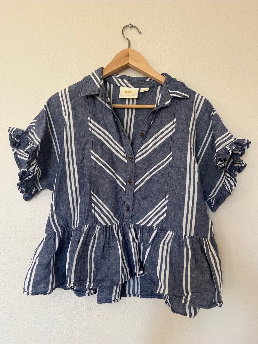 Anthropologie Maeve Blue & White Striped Ruffle Hem Button Front Top